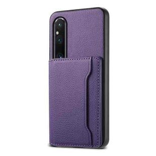 For Sony Xperia 1 V Calf Texture Card Bag Design Full Coverage Phone Case(Purple)
