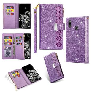 For Samsung Galaxy A20e /  A10e Multi-card Slots Starry Sky Laser Carving Glitter Zipper Horizontal Flip Leather Case with Holder & Wallet & Lanyard(Purple)
