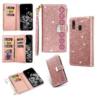 For Samsung Galaxy A30 / A20 Multi-card Slots Starry Sky Laser Carving Glitter Zipper Horizontal Flip Leather Case with Holder & Wallet & Lanyard(Rose Gold)