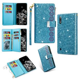 For Samsung Galaxy M10 / A10 Multi-card Slots Starry Sky Laser Carving Glitter Zipper Horizontal Flip Leather Case with Holder & Wallet & Lanyard(Sky Blue)
