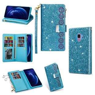 For Samsung Galaxy S9 Multi-card Slots Starry Sky Laser Carving Glitter Zipper Horizontal Flip Leather Case with Holder & Wallet & Lanyard(Sky Blue)
