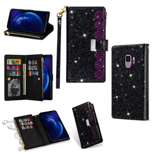 For Samsung Galaxy S9 Multi-card Slots Starry Sky Laser Carving Glitter Zipper Horizontal Flip Leather Case with Holder & Wallet & Lanyard(Black)