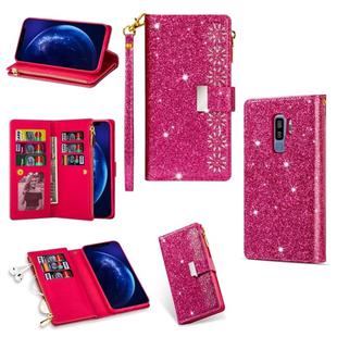 For Samsung Galaxy S9+ Multi-card Slots Starry Sky Laser Carving Glitter Zipper Horizontal Flip Leather Case with Holder & Wallet & Lanyard(Rose Red)