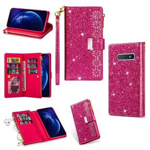 For Samsung Galaxy S10 Multi-card Slots Starry Sky Laser Carving Glitter Zipper Horizontal Flip Leather Case with Holder & Wallet & Lanyard(Rose Red)
