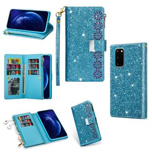 For Samsung Galaxy S20 Multi-card Slots Starry Sky Laser Carving Glitter Zipper Horizontal Flip Leather Case with Holder & Wallet & Lanyard(Sky Blue)