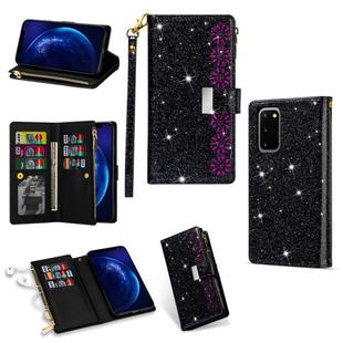For Samsung Galaxy S20 Multi-card Slots Starry Sky Laser Carving Glitter Zipper Horizontal Flip Leather Case with Holder & Wallet & Lanyard(Black)