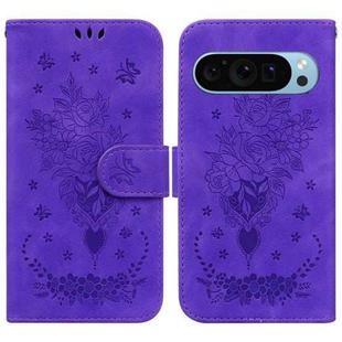 For Google Pixel 9 Pro Butterfly Rose Embossed Leather Phone Case(Purple)