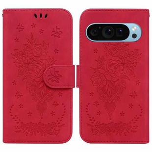 For Google Pixel 9 Pro Butterfly Rose Embossed Leather Phone Case(Red)