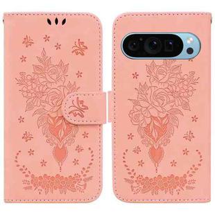For Google Pixel 9 Pro Butterfly Rose Embossed Leather Phone Case(Pink)