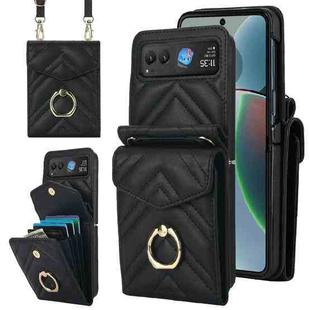 For Motorola Razr 40 V-shaped RFID Card Slot Phone Case with Ring Holder(Black)