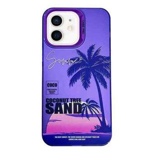 For iPhone 12 Creative Oil Painting Colorful Sunset Scenery TPU + PC Shockproof Phone Case(Purple Coconut Tree)