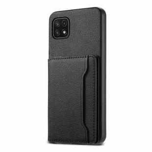 For Samsung Galaxy A22 5G Calf Texture Card Bag Design Full Coverage Phone Case(Black)