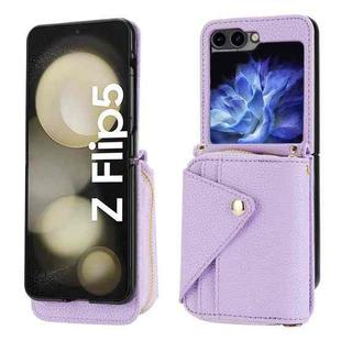 For Samsung Galaxy Z Flip5 5G Crossbody Zipper Card Bag RFID Anti-theft Phone Case(Purple)