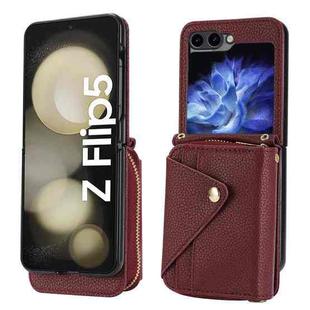 For Samsung Galaxy Z Flip5 5G Crossbody Zipper Card Bag RFID Anti-theft Phone Case(Wine Red)