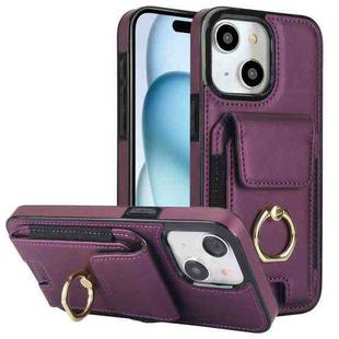 For iPhone 15 Elastic Card Bag Ring Holder Phone Case(Purple)