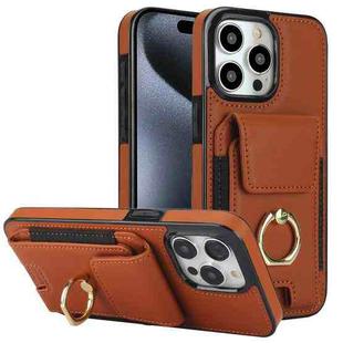 For iPhone 15 Pro Elastic Card Bag Ring Holder Phone Case(Brown)