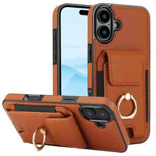 For iPhone 16 Elastic Card Bag Ring Holder Phone Case(Brown)