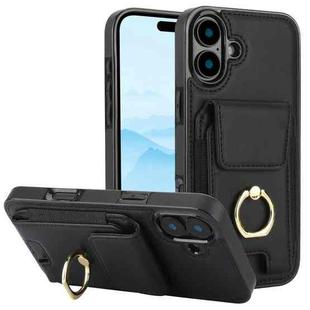 For iPhone 16 Elastic Card Bag Ring Holder Phone Case(Black)