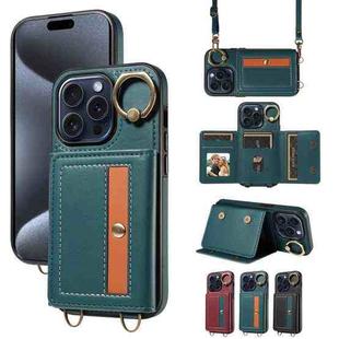 For iPhone 15 Pro Crossbodys Card Bag Ring Holder Leather Phone Case(Green)