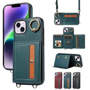 For iPhone 14 Plus Crossbodys Card Bag Ring Holder Leather Phone Case(Green)
