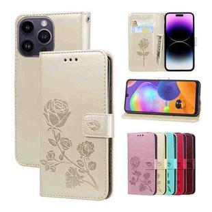 For iPhone 15 Pro Rose Embossed Flip PU Leather Phone Case(Gold)