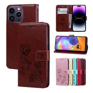 For iPhone 15 Pro Max Rose Embossed Flip PU Leather Phone Case(Brown)