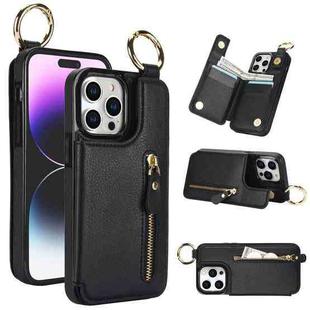 For iPhone 15 Pro Max Litchi Texture Zipper Double Buckle Card Bag Phone Case(Black)