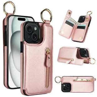 For iPhone 15 Plus Litchi Texture Zipper Double Buckle Card Bag Phone Case(Rose Gold)