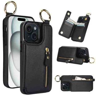 For iPhone 15 Plus Litchi Texture Zipper Double Buckle Card Bag Phone Case(Black)