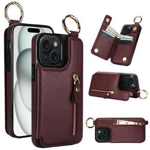 For iPhone 15 Litchi Texture Zipper Double Buckle Card Bag Phone Case(Maroon Red)