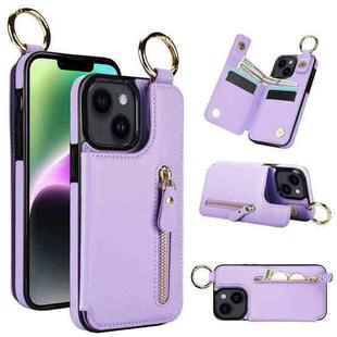For iPhone 14 Plus Litchi Texture Zipper Double Buckle Card Bag Phone Case(Purple)