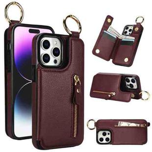 For iPhone 14 Pro Max Litchi Texture Zipper Double Buckle Card Bag Phone Case(Maroon Red)