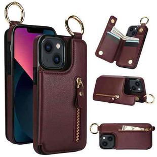 For iPhone 13 Litchi Texture Zipper Double Buckle Card Bag Phone Case(Maroon Red)