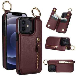 For iPhone 12 mini Litchi Texture Zipper Double Buckle Card Bag Phone Case(Maroon Red)