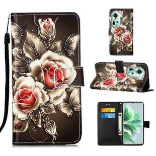 For OPPO Reno11 5G Global Colored Drawing Pattern Plain Weave Leather Phone Case(Roses On Black)