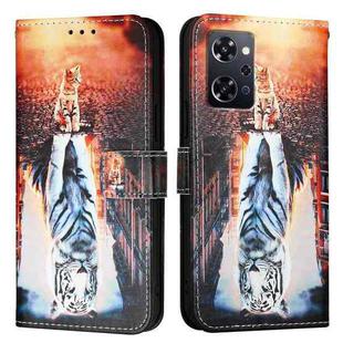 For OPPO Reno9 A JP Version Colored Drawing Pattern Plain Weave Leather Phone Case(Cats And Tigers)