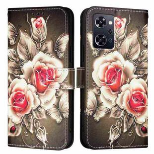 For OPPO Reno9 A JP Version Colored Drawing Pattern Plain Weave Leather Phone Case(Roses On Black)