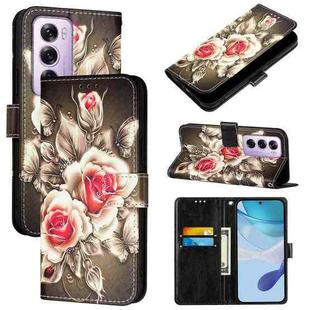 For OPPO Reno12 Pro Global Colored Drawing Pattern Plain Weave Leather Phone Case(Roses On Black)