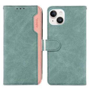 For iPhone 15 Plus ABEEL Color Block Magnetic RFID Leather Phone Case(Cyan-Pink)