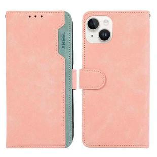 For iPhone 14 Plus ABEEL Color Block Magnetic RFID Leather Phone Case(Pink-Cyan)