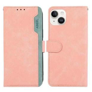 For iPhone 14 ABEEL Color Block Magnetic RFID Leather Phone Case(Pink-Cyan)