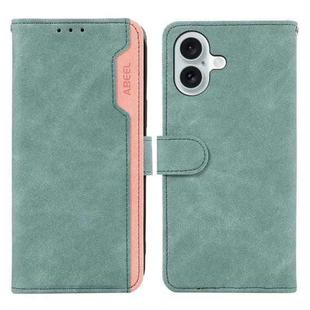 For iPhone 16 ABEEL Color Block Magnetic RFID Leather Phone Case(Cyan-Pink)