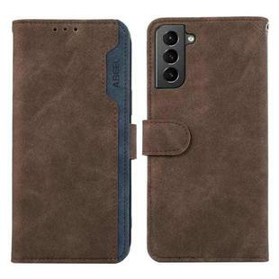 For Samsung Galaxy S21 5G ABEEL Color Block Magnetic RFID Leather Phone Case(Brown-Blue)