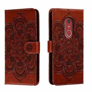 For Fujitsu Arrows Be4 Plus F-41B Sun Mandala Embossing Pattern Phone Leather Case(Brown)