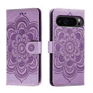 For Google Pixel 9 Pro Sun Mandala Embossing Pattern Phone Leather Case(Purple)
