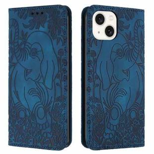 For iPhone 15 Retro Elephant Embossed Leather Phone Case(Blue)