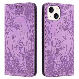 For iPhone 15 Plus Retro Elephant Embossed Leather Phone Case(Purple)