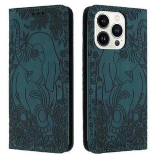 For iPhone 15 Pro Retro Elephant Embossed Leather Phone Case(Green)