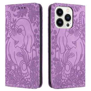For iPhone 15 Pro Max Retro Elephant Embossed Leather Phone Case(Purple)