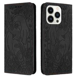 For iPhone 15 Pro Max Retro Elephant Embossed Leather Phone Case(Black)